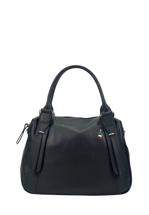 Zwarte leren handtas met dubbele handvatten, zilverkleurige gespen, ritssluiting en een kleine hanger met de kleuren van de Italiaanse vlag.