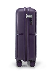Purple hard-shell suitcase with vertical ridges, dual zippers, a combination lock, and four black wheels for mobility.