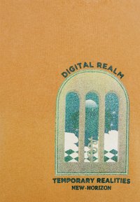 Oranžové bavlněné tričko s grafickým designem zakřiveného okna se hvězdnou scénou, textem "DIGITÁLNÍ ŘÍŠE" a kostkovaným vzorem.