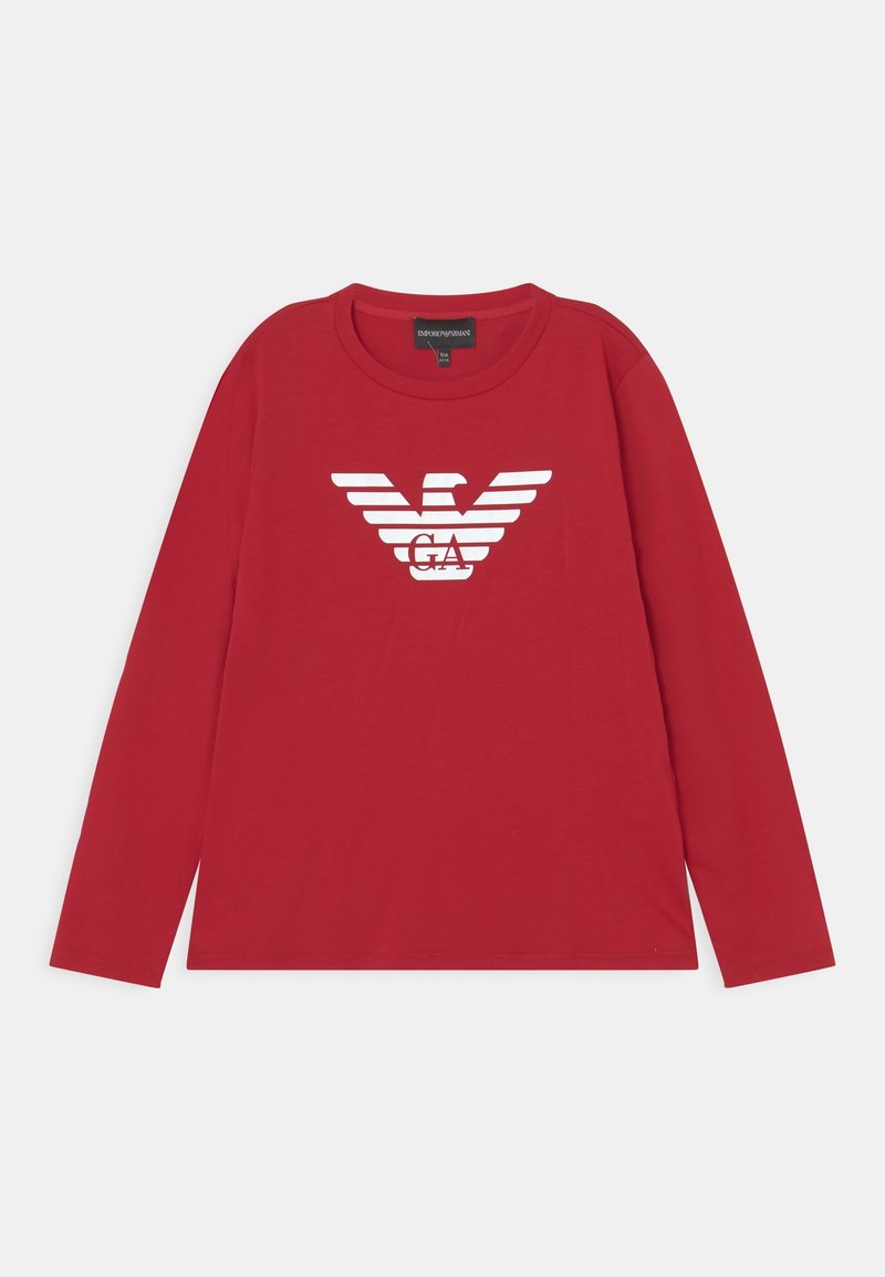 Red long-sleeve T-shirt made of cotton, featuring a white eagle logo with stripe accents. Round neckline and regular fit.