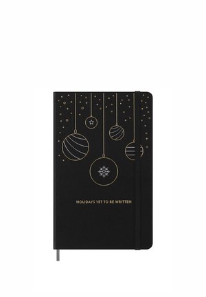 Quaderno nero con decorazioni natalizie dorate e stelle sulla copertina, testo "Vacanze ancora da scrivere" e una banda elastica nera per la chiusura.