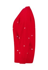 Pull rouge à col rond, orné de petits motifs en forme de cœur argentés dispersés. Fabriqué en matériau tricoté doux avec des poignets à côtes.