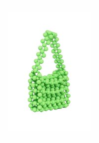 Borsa a tracolla verde realizzata con perline di silicone tonde, caratterizzata da una texture morbida e da un motivo intrecciato irregolare, dotata di una sola tracolla.