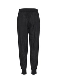 Pantaloni jogger neri in lino con vita elastica, polsini alla caviglia arricciati e vestibilità comoda, che mostrano una finitura liscia e textured.