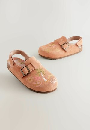 Cloșuri din suede bej cu bretele la spate, având broderie florală colorată și închidere cu cataramă. Talpă plată, texturată pentru aderență.