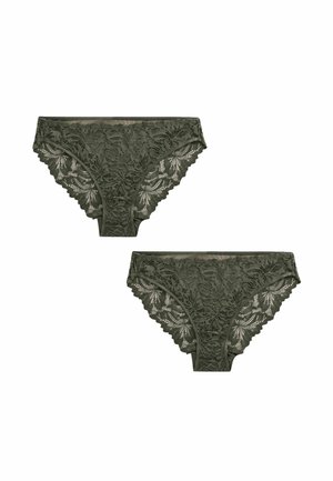 Twee donker groene kanten dames bikini-onderbroeken met bloemenpatronen op een witte achtergrond.
