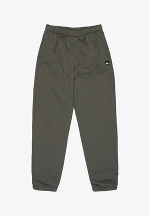 Olive green quilted joggers with an elastic waistband and cuffs, featuring two side pockets and a small black logo patch.