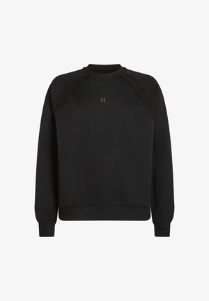 Juodas sportinis megztinis su apvaliu kaklu, raukšlėtomis rankovėmis ir apačia. Pagamintas iš tekstūrinio audinio, su raglano tipo rankovėmis. Nedidelis logotipas priekyje.