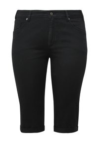 Shorts en denim noirs arrivant au genou, avec des revers repliés, dotés d'une fermeture à bouton et à zip, ainsi que de poches avant et arrière traditionnelles.