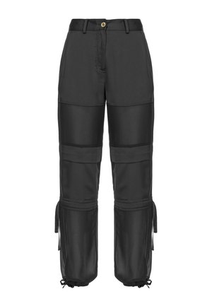 Black cargo-style pants with multiple panels, front button closure, side pockets, and adjustable ties at the ankle cuffs.