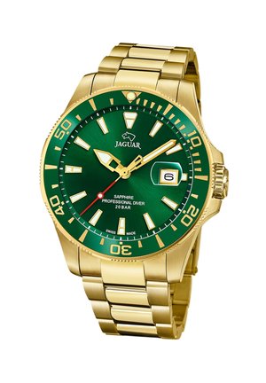 Montre en acier inoxydable doré avec un cadran vert, des accents dorés, de grands index d'heure, un affichage de la date et un bracelet en acier inoxydable.