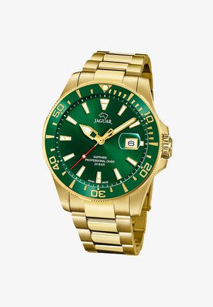 Montre en acier inoxydable doré avec un cadran vert, des accents dorés, de grands index d'heure, un affichage de la date et un bracelet en acier inoxydable.