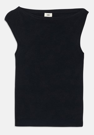 Čierny bezrukávový top z mäkkej látky, s širokým výstrihom a priliehavým strihom. Hladká textúra s čistým zakončením na leme.