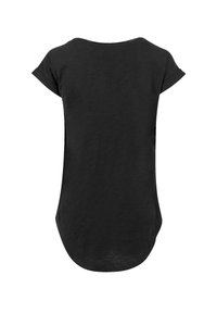Black short-sleeve top with a rounded neckline, soft texture, and a longer back hem. Simple and minimalist design, no visible patterns or accents.