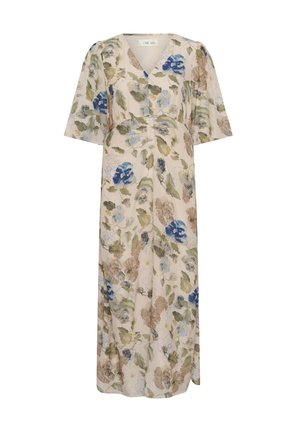 Bloemen midi-jurk met een V-hals, korte zwierige mouwen en een lichtbeige achtergrond. Heeft blauwe en groene bloemmotieven.
