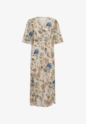 Robe midi fleurie avec un col en V, des manches courtes évasées, sur un fond beige clair. Présente des motifs floraux bleus et verts.