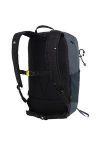 Rugzak met zwarte mesh padding, verstelbare banden en blauwe accenten. Bevat een gele clip en gestructureerde panelen voor extra grip.