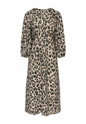 Midi-jurk met lange mouwen in beige en zwart luipaardprint, met pofmouwen en een getailleerde taille, gepresenteerd op een witte achtergrond.