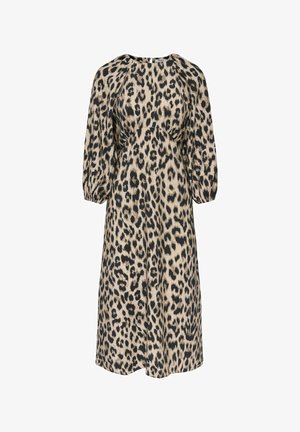 Midi-jurk met lange mouwen in beige en zwart luipaardprint, met pofmouwen en een getailleerde taille, gepresenteerd op een witte achtergrond.