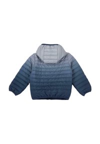 Veste isolante bleu marine et gris clair avec capuche, présentant un design matelassé, des poignets élastiques et un ourlet resserré pour une coupe ajustée.