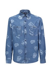 Blauwe denim shirt met witte bedrukte logo's en schildontwerpen. Voorzien van een knoopsluiting aan de voorkant, twee borstzakken en lange mouwen.