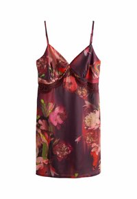 Florale slipdress in donker bordeaux met kleurrijke bloemenpatronen. Heeft dunne bandjes en kantdetails rond de buste. Zijdezachte textuur.