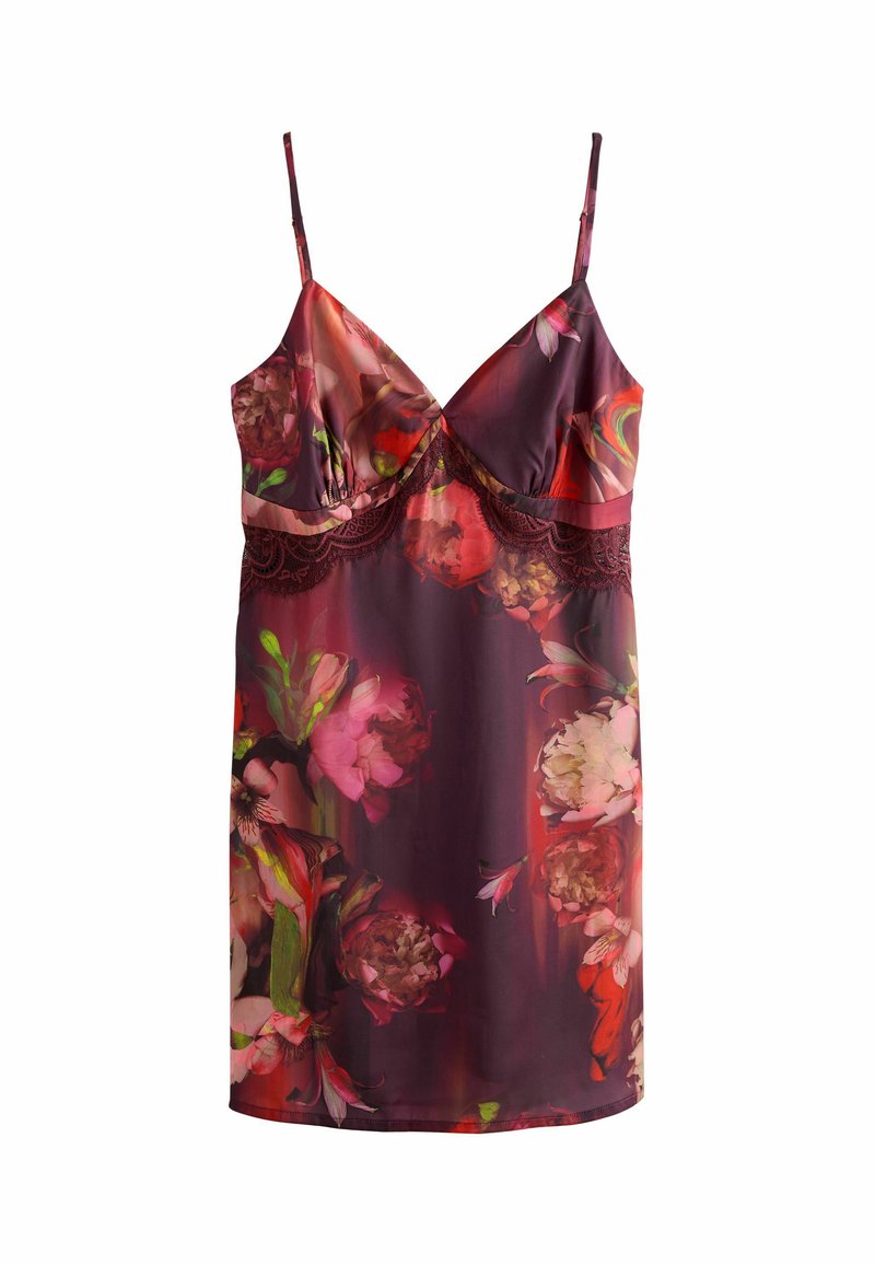 Florale slipdress in donker bordeaux met kleurrijke bloemenpatronen. Heeft dunne bandjes en kantdetails rond de buste. Zijdezachte textuur.