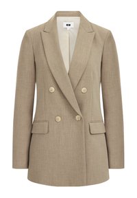 Dubbelt knäppt kavaj i ljusbrunt tyg, med slagkrage, två framfickor och beige knappar. Slät inredningsfoder.