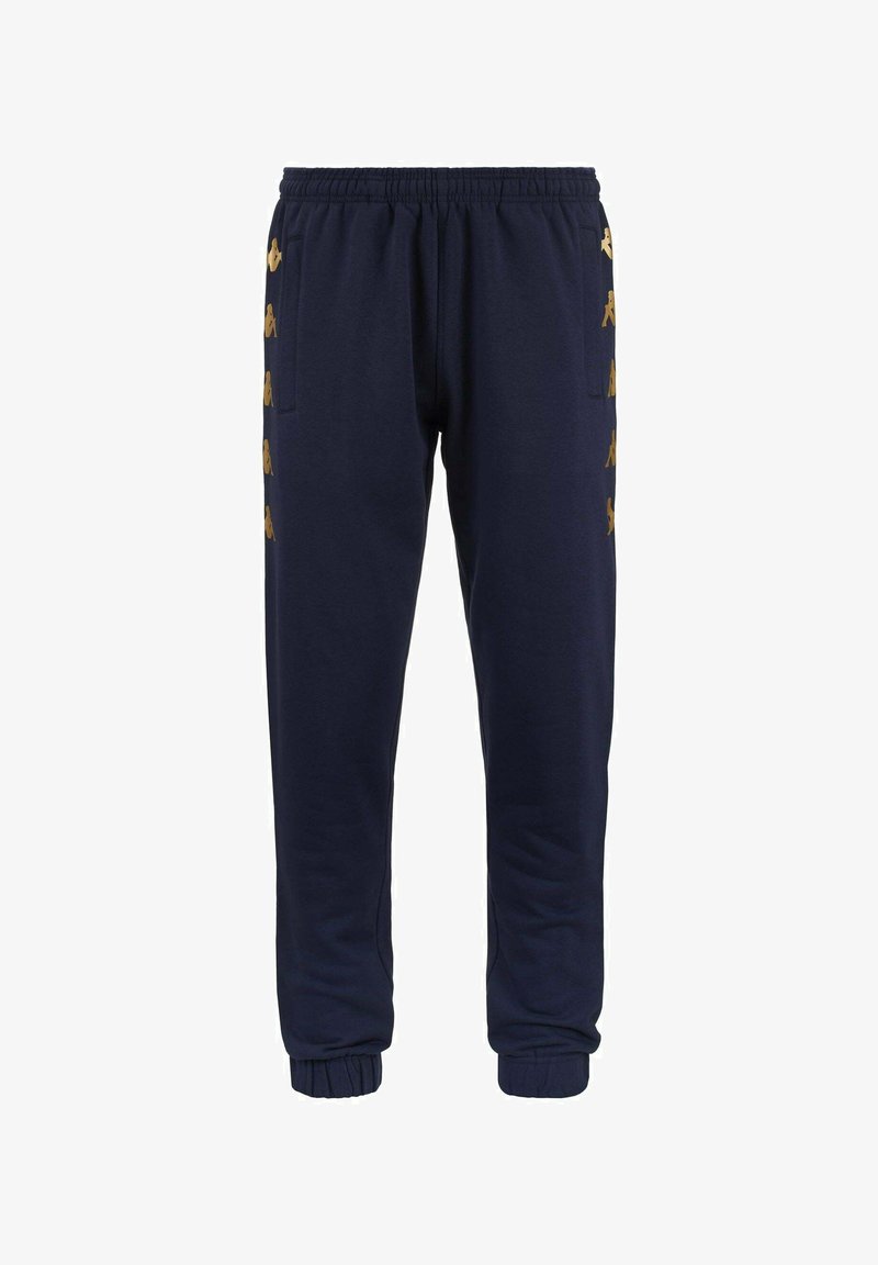 Pantaloni sportivi blu navy realizzati in tessuto morbido, con vita elastica, polsini e accenti gialli del logo sui lati.