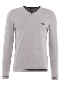 Helles graues V-Ausschnitt-Sweatshirt aus weichem Stoff, mit langen Ärmeln, gerippten Bündchen mit dunklen Streifenakzenten und einem kleinen Logo auf der Brust.