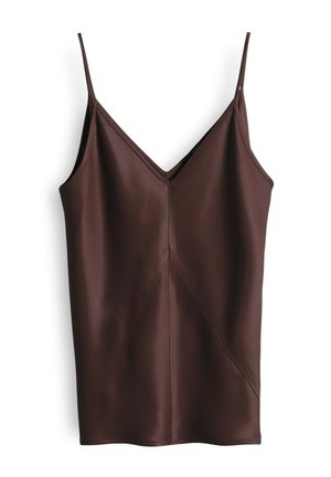 Brown, sleeveless cami top made of smooth material. Features a V-neckline and geometric seam detailing on the front.