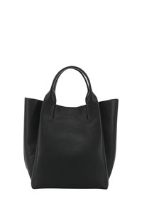 Sac fourre-tout en cuir noir avec une forme structurée, des poignées arrondies et une surface texturée ; design minimaliste sans poches externes ni embellissements.