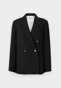 Blazer nero doppiopetto realizzato in tessuto morbido, con revers a punta, due tasche anteriori e bottoni neri. Fodera interna.