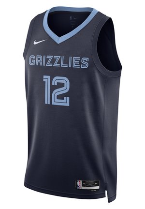 Dunkelgraues Memphis Grizzlies Basketballtrikot mit hellblauer Einfassung, Nummer 12, Nike-Logo und NBA-Patch unten.
