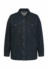 Sort denimjakke med knaplukning foran, to brystlommer med klap, lange ærmer og en klassisk krave.