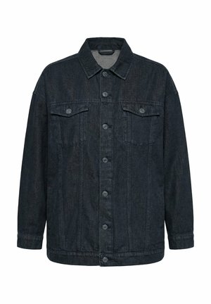 Sort denimjakke med knaplukning foran, to brystlommer med klap, lange ærmer og en klassisk krave.