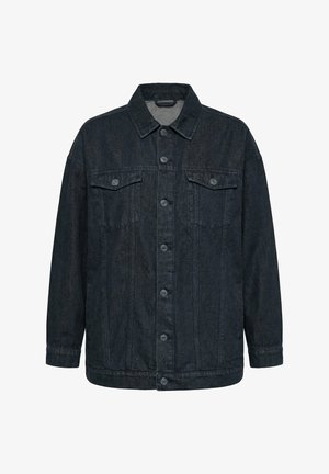Giacca in denim nera con chiusura frontale con bottoni, due tasche con pattina sul petto, maniche lunghe e colletto classico.