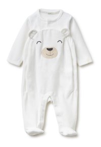 Białe polarowe body dla niemowląt z długimi rękawami, z wzorem twarzy misia na klatce piersiowej i stópkach. Miękka tekstura, zapięcie na napy.