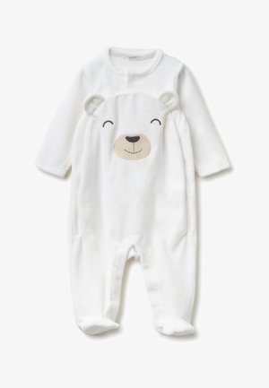 Tutina bianca in pile per bambini con maniche lunghe, caratterizzata da un design a faccia di orso sul petto e con fondo a piedi. Texture morbida, chiusura a pressione.