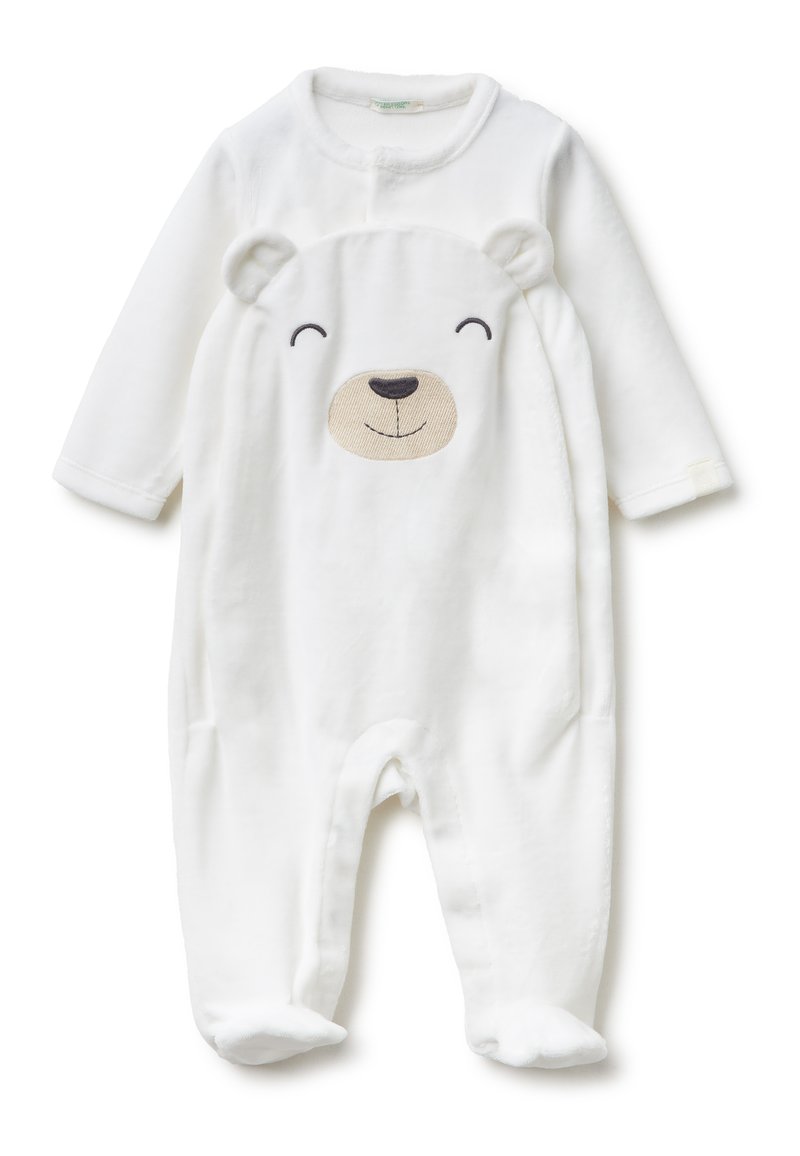 Białe polarowe body dla niemowląt z długimi rękawami, z wzorem twarzy misia na klatce piersiowej i stópkach. Miękka tekstura, zapięcie na napy.