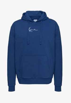 Navy blue hoodie made of soft fabric, featuring a kangaroo pocket, drawstrings, and a white logo embroidered on the chest.