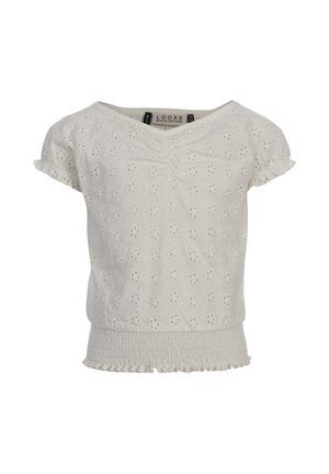 Witte blouse met korte mouwen met bloemmotief en oogjes, gerimpelde V-hals, elastische smock taille en gerimpelde zoom en mouwen.