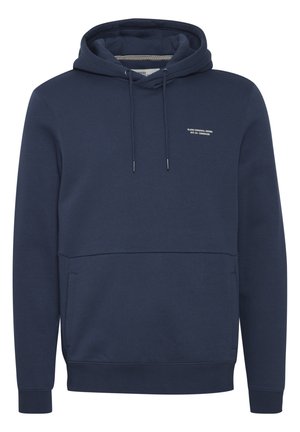 Marineblaue Kapuzenjacke aus weichem Stoff, mit einer vorderen Kängurutasche, verstellbarem Kordelzug an der Kapuze und einem kleinen Logo auf der Brust.