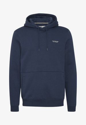 Marineblaue Kapuzenjacke aus weichem Stoff, mit einer vorderen Kängurutasche, verstellbarem Kordelzug an der Kapuze und einem kleinen Logo auf der Brust.