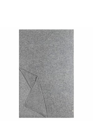 Gray knit blanket with a soft texture, featuring a folded corner and subtle heathered pattern. Small tag in the bottom right corner.