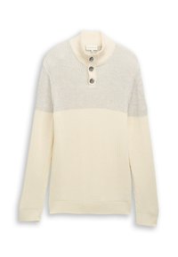 Gebreide pullover met een hoge kraag, voorzien van een crème en lichtgrijze tweekleurige ontwerp, drie knoopsluitingen en geribbelde textuur op de mouwen.