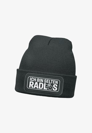 Black knitted beanie hat with ribbed texture and folded cuff, featuring a rectangular patch with white text and a bicycle graphic.