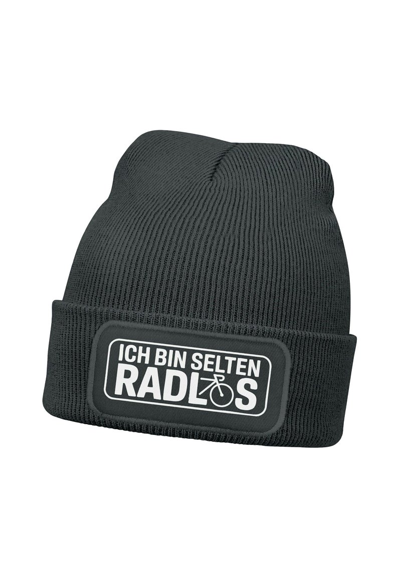 Black knitted beanie hat with ribbed texture and folded cuff, featuring a rectangular patch with white text and a bicycle graphic.
