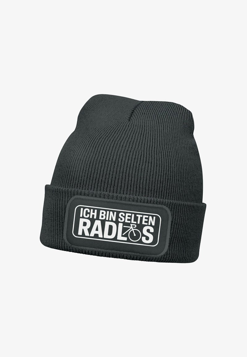 Black knitted beanie hat with ribbed texture and folded cuff, featuring a rectangular patch with white text and a bicycle graphic.
