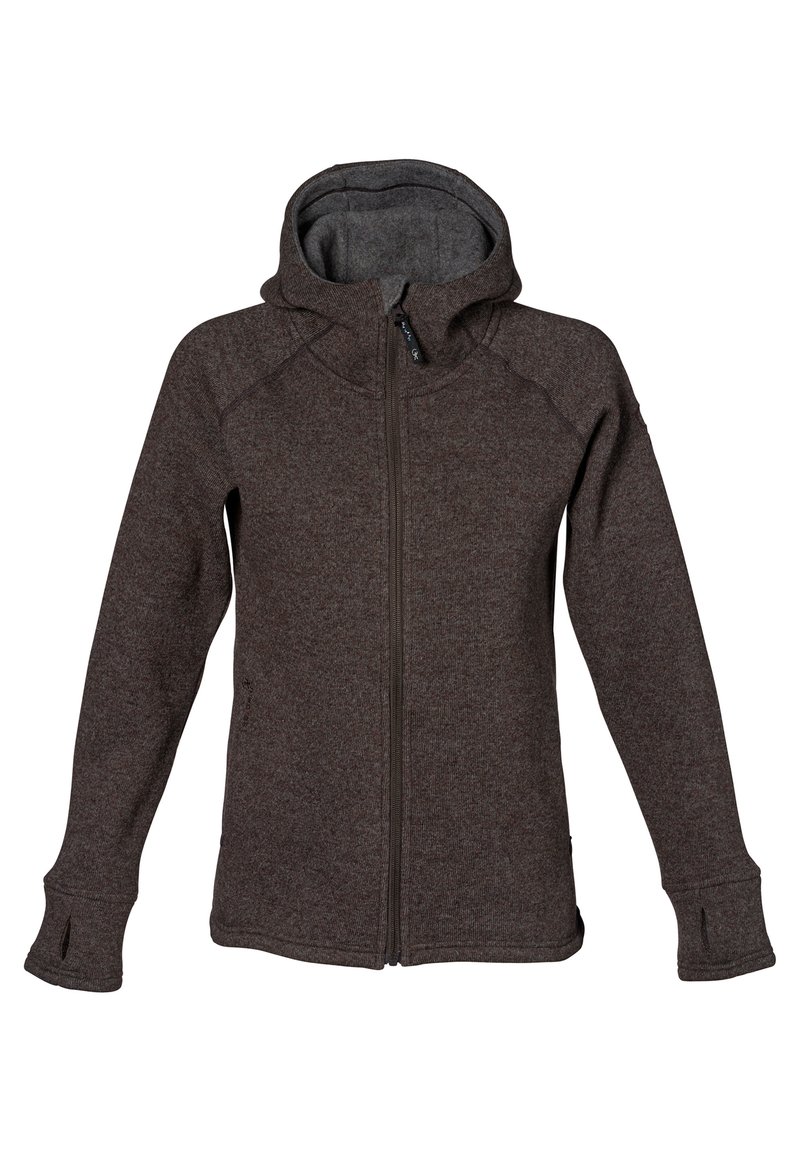 Brun fleece hættetrøje med fuld lynlås foran, raglanærmer og tommelhuller. Har en blød inderside og en hætte med snor.
